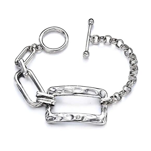 Stainless Steel Rectangular Bracelet Boho Hammered Chain Link - Picture 10 of 11